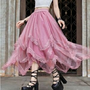 Lace Trim Layered Mesh Tulle Skirt High Waist Asymmetrical Long Goth Skirt Pink